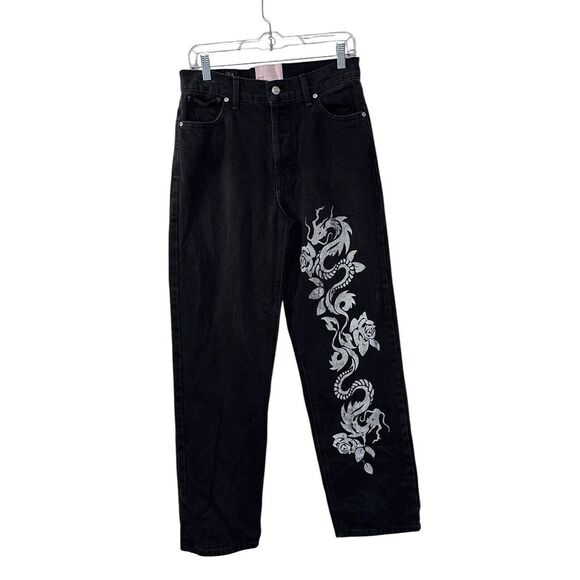 REVICE Women's Black Denim Straight Leg Rose & Dragon Jeans Button Fly 28 - Picture 2 of 8